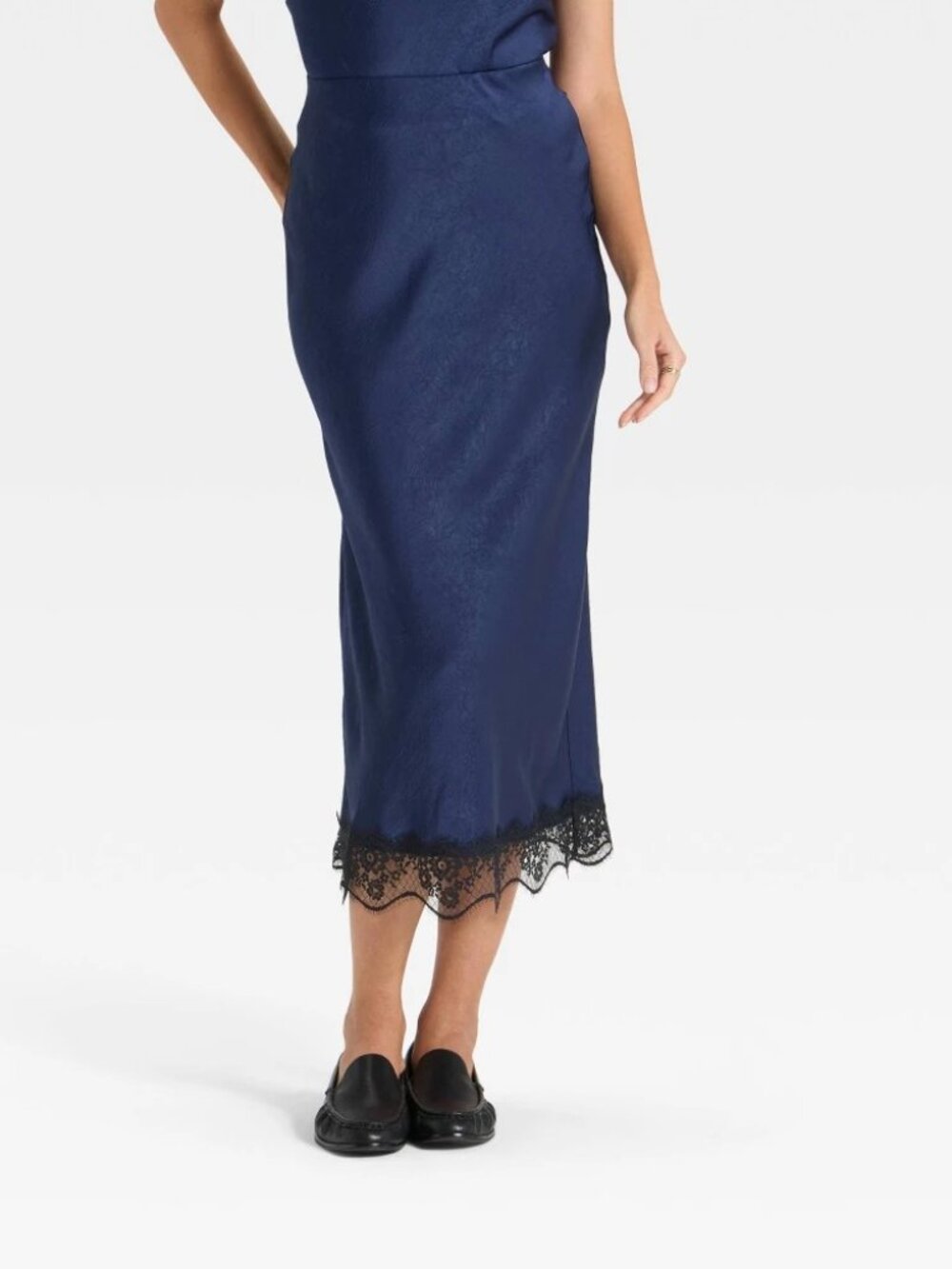 NWT - A New Day™ Women's Lace Trim MIDI Skirt in Navy Blue